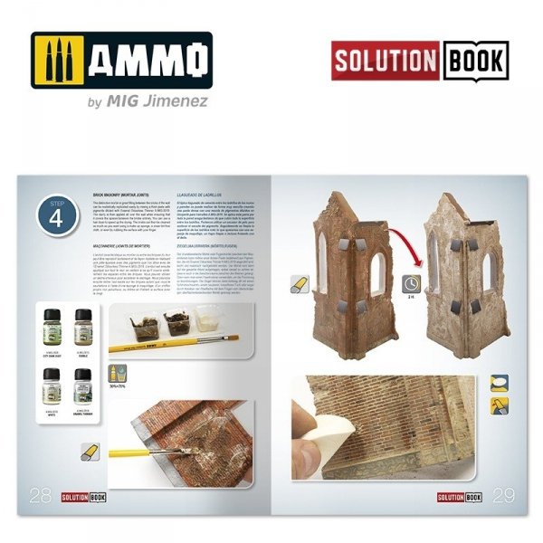 AMMO of Mig Jimenez 6510 How to Paint Brick Buildings. Colors &amp; Weathering System Solution Book (Multilingual)