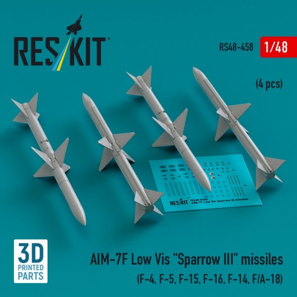 RESKIT RS48-0458 AIM-7F Low Vis &quot;Sparrow III&quot; missiles (4 pcs) (3D Printed)  1/48