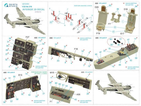 Quinta Studio QD32093 He 219 3D-Printed &amp; coloured Interior on decal paper ( Revell ) 1/32