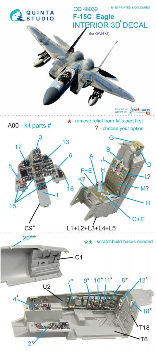 Quinta Studio QD48039 F-15C 3D-Printed &amp; coloured Interior on decal paper (for GWH kit) 1/48