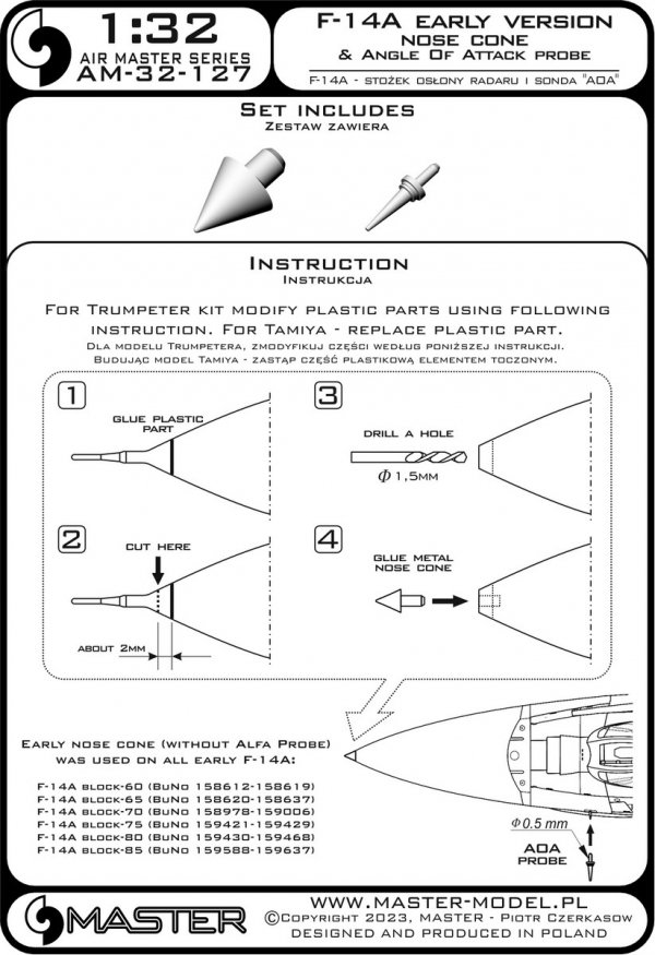 Master AM-32-127 F-14A  wczesna wersja - stożek osłony radaru oraz sonda Angle Of Attack 1/32