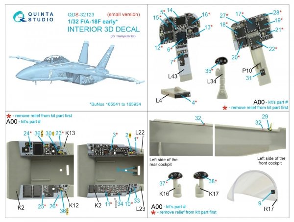 Quinta Studio QDS-32123 F/A-18F early 3D-Printed &amp; coloured Interior on decal paper (Trumpeter) (Small version) 1/32