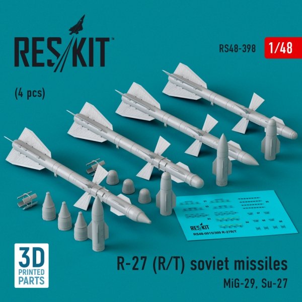 RESKIT RS48-0398 R-27 (R/T) missiles (4 pcs) (3D Printed) 1/48