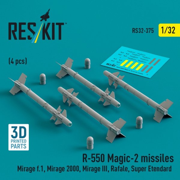 RESKIT RS32-0375 R.550 &quot;Magic-2&quot; missiles (4 pcs) (3D Printed) 1/32