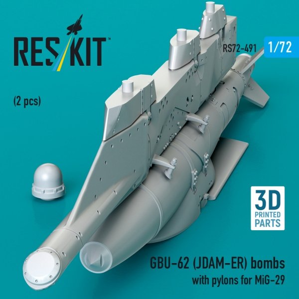 RESKIT RS72-0491 GBU-62 (JDAM-ER) bombs with pylons for MiG-29 "Fulcrum" (2 pcs) (3D Printed) (1/72)