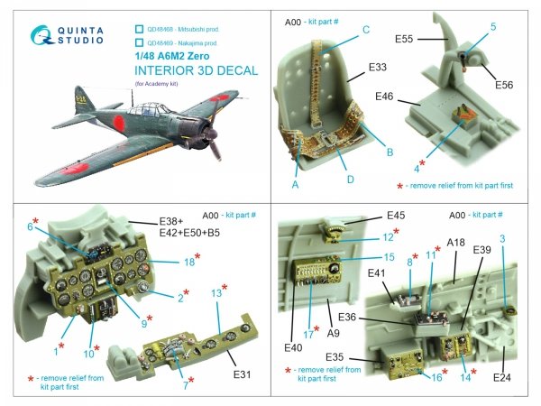 Quinta Studio QD48469 A6M2 Zero (Nakajima Prod.) 3D-Printed coloured Interior on decal paper (Academy) 1/48