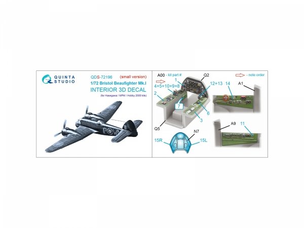 Quinta Studio QDS-72196 Bristol Beaufighter Mk.I 3D-Printed &amp; coloured Interior on decal paper (Hasegawa/MPM/Hobby2000) (small version) 1/72