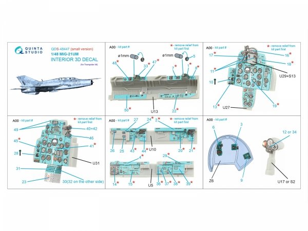 Quinta Studio QDS-48447 MiG-21UM 3D-Printed coloured Interior on decal paper (Trumpeter) (Small version) 1/48