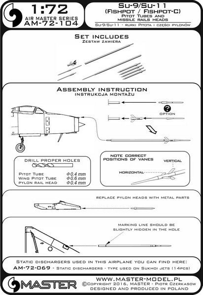 Master AM-72-104 Sukhoi Su-9 / Sukhoi Su-11 (Fishpot / Fishpot C) - Pilot Tubes and missile rails heads 1:72