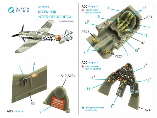Quinta Studio QD72090 Fw 190D 3D-Printed &amp; coloured Interior on decal paper (IBG models) 1/72