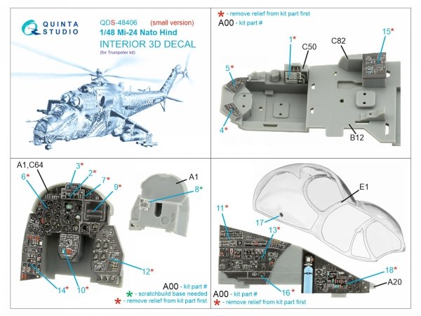 Quinta Studio QDS-48406 Mi-24 Nato Hind 3D-Printed &amp; coloured Interior on decal paper (Trumpeter)(Small version) 1/48