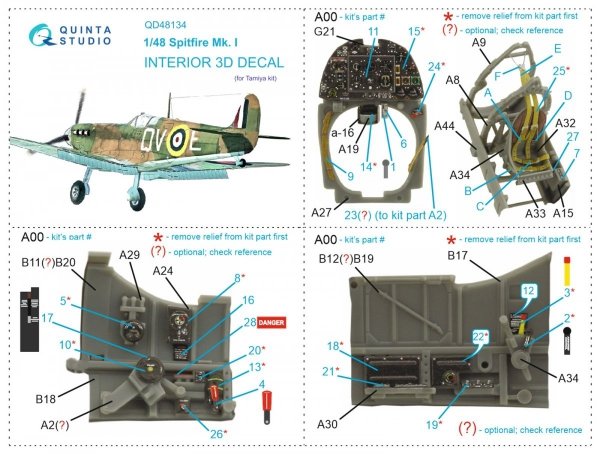 Quinta Studio QD48134 Spitfire Mk.I 3D-Printed &amp; coloured Interior on decal paper (Tamiya) 1/48