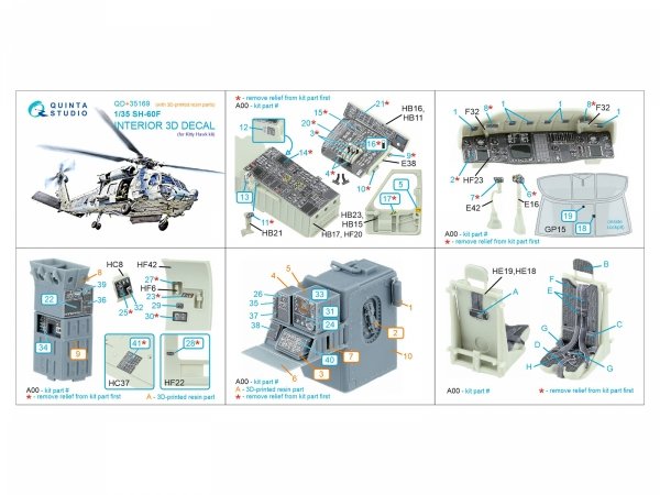 Quinta Studio QD+35169 SH-60F Seahawk 3D-Printed &amp; coloured Interior on decal paper (Kitty Hawk) (with 3D-printed resin parts) 1/35
