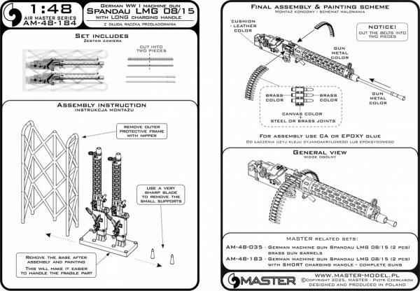 Master AM-48-184 Niemiecki km z okresu I w.św. Spandau LMG 08/15 (2 szt.) - z DŁUGĄ rączką przeładowania - wydruki 3D i mosiężne lufy 1/48
