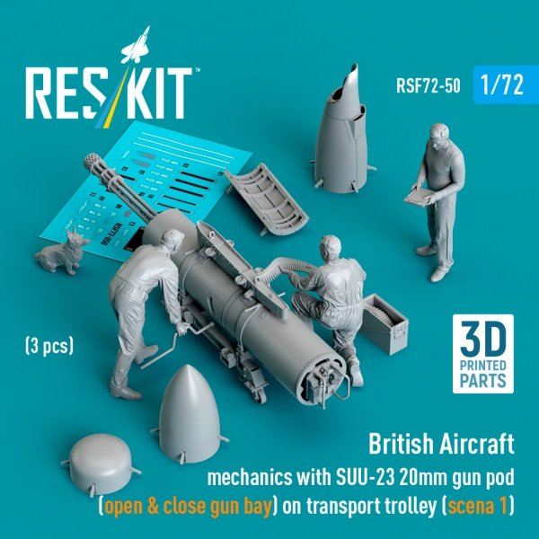 RESKIT RSF72-0050 British Aircraft mechanics with SUU-23 20mm gun pod (open &amp; close gun bay) on transport trolley (scene 1) (3 pcs) (3D Printed)  (1/72)
