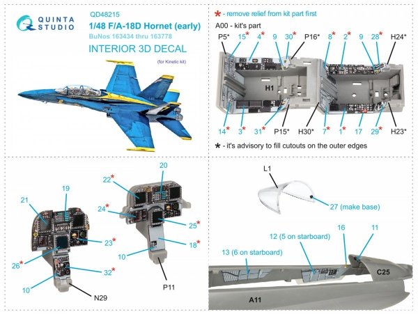 Quinta Studio QD48215 F/A-18D Early 3D-Printed &amp; coloured Interior on decal paper (Kinetic) 1/48