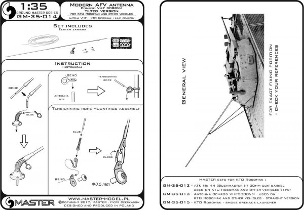 Master GM-35-014 Antena Comrod VHF3088VM - używana na KTO Rosomak i innych pojazdach (1 szt.) - wersja z wygiętą podstawą (1:35)