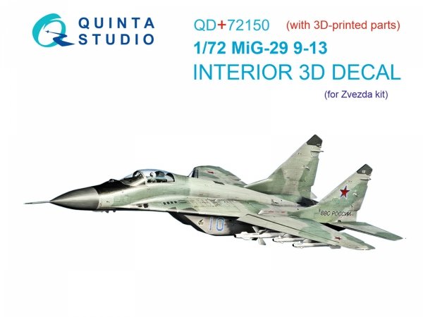 Quinta Studio QD+72150 MiG-29 9-13 3D-Printed coloured Interior on decal paper (7278 Zvezda) (with 3D-printed resin part) 1/72