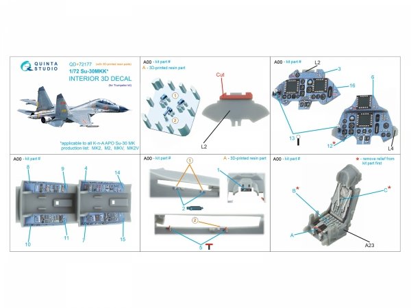 Quinta Studio QD+72177 Su-30MKK 3D-Printed &amp; coloured Interior on decal paper (Trumpeter) (with 3D-printed resin part) 1/72