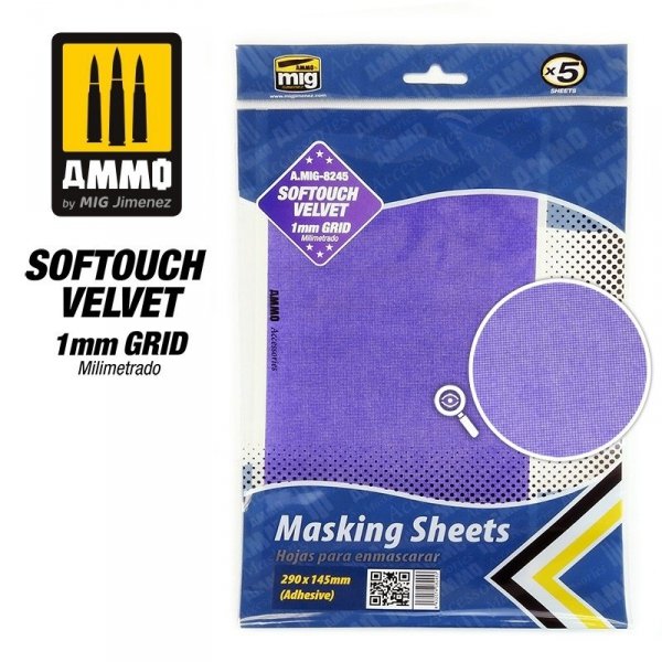 AMMO of Mig Jimenez 8245 SOFTOUCH VELVET Masking Sheet 1mmGrid 290x145