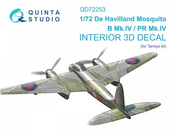 Quinta Studio QD72253 DH Mosquito B Mk.IV/PR Mk.IV 3D-Printed &amp; coloured Interior on decal paper (Tamiya) 1/72