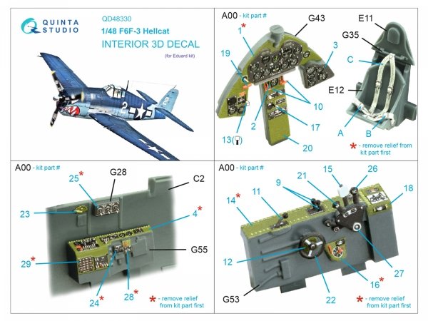 Quinta Studio QD48330 F6F-3 Hellcat 3D-Printed &amp; coloured Interior on decal paper (Eduard) 1/48