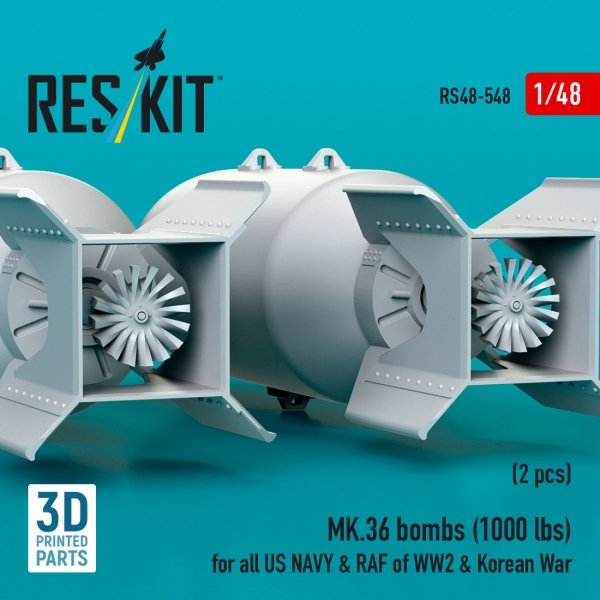 RESKIT RS48-0548 MK.36 bombs (2 pcs) (1000 lbs) for all US NAVY &amp; RAF of WW2 &amp; Korean War (3D Printed) 1/48