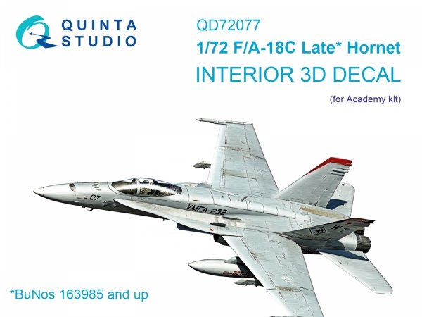 Quinta Studio QD72077 F/A-18C late 3D-Printed &amp; coloured Interior on decal paper (Academy) 1/72