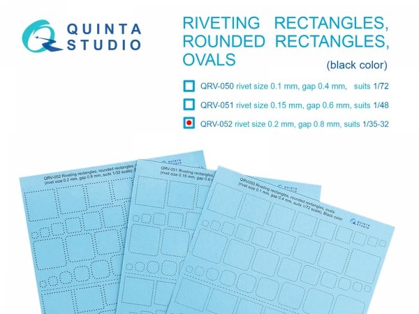 Quinta Studio QRV-052 Riveting rectangles, rounded rectangles and ovals (rivet size 0.2 mm, gap 0.8 mm, suits 1/35-32), Black color 1/32