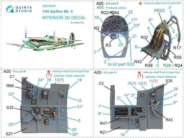 Quinta Studio QD48205 Spitfire Mk.II 3D-Printed &amp; coloured Interior on decal paper (Eduard) 1/48