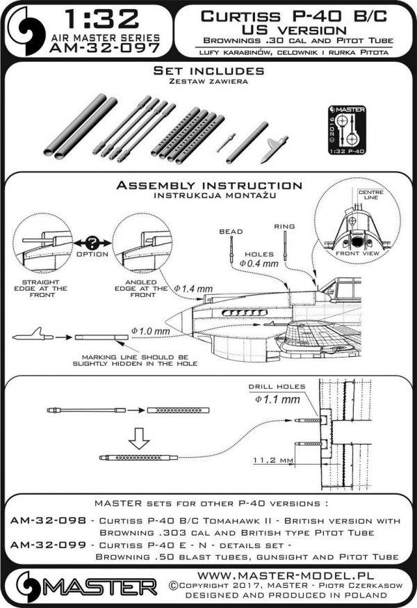 Master AM-32-097 Curtiss P-40 B/C - wersja USA - lufy karabinów Browning .30 cal i amerykańska wersja Rurki Pitota (1:32)