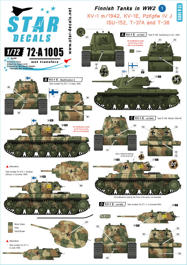 Star Decals 72-A1005 Finnish Tanks in WW2 # 1. KV-1 m/1942, KV-1E, ISU-152, PzKpfw IV Ausf J, T-37A and T-38 1/72