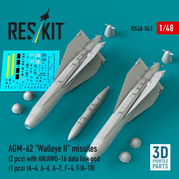 RESKIT RS48-0563 AGM-62 "Walleye II" missiles (2 pcs) with AN/AWG-16 data link pod (1 pcs) (A-4, A-6, A-7, F-4, F/A-18) (3D Printed) (1/48)