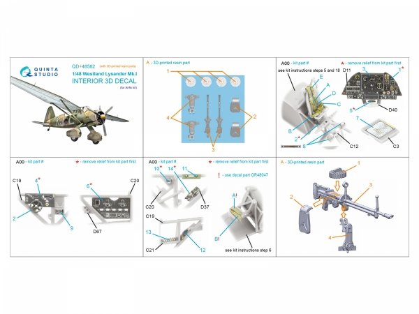 Quinta Studio QD+48582 Westland Lysander Mk.I 3D-Printed &amp; coloured Interior on decal paper (Airfix) (with 3D-printed resin parts) 1/48