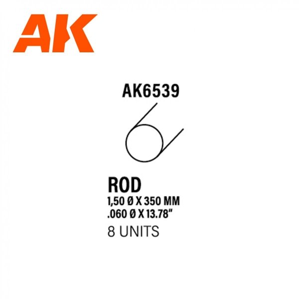 AK Interactive AK6539 ROD 1.50 DIAMETER X 350MM – STYRENE ROD – (8 UNITS)