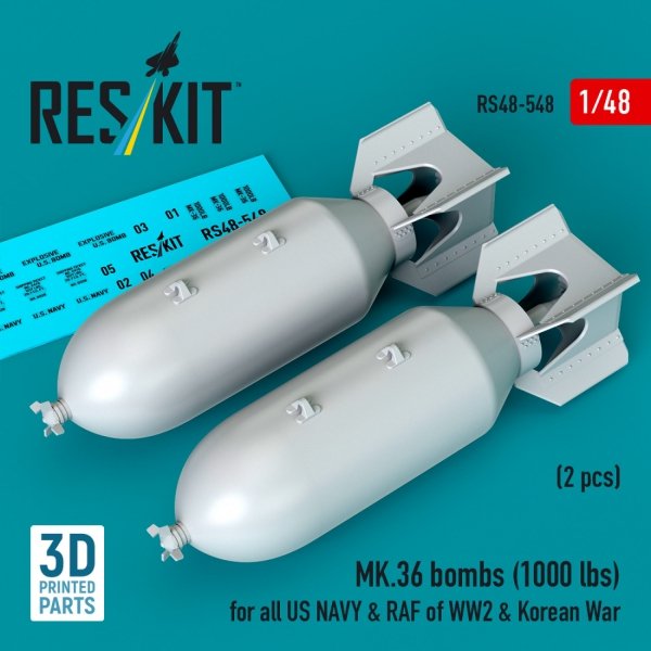 RESKIT RS48-0548 MK.36 bombs (2 pcs) (1000 lbs) for all US NAVY &amp; RAF of WW2 &amp; Korean War (3D Printed) 1/48