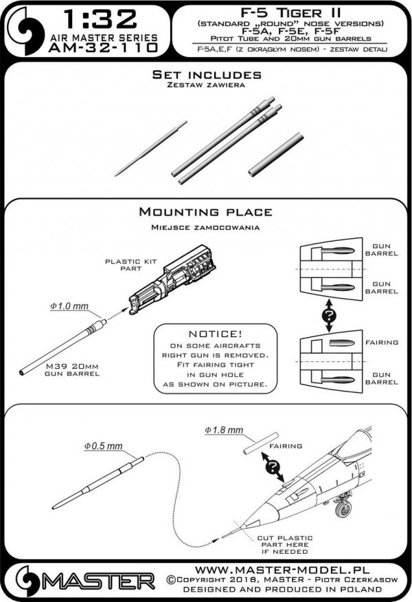 Master AM-32-110 F-5 Tiger II &quot;Freedom Fighter&quot; (wersja z okrągłym nosem) - F-5A, E, F -zestaw detali- Rurka Pitota i lufy działek 20mm 1/32