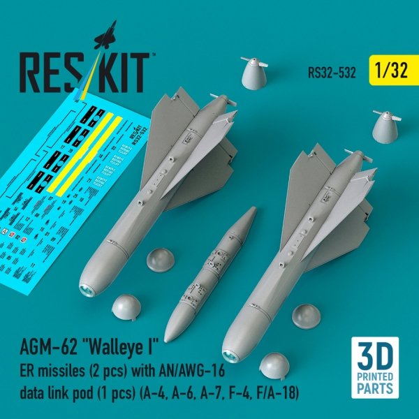 RESKIT RS32-0532 AGM-62 "Walleye I" ER missiles (2 pcs) with AN/AWG-16 data link pod (1 pcs) (A-4, A-6, A-7, F-4, F/A-18) (3D Printed) (1/32)