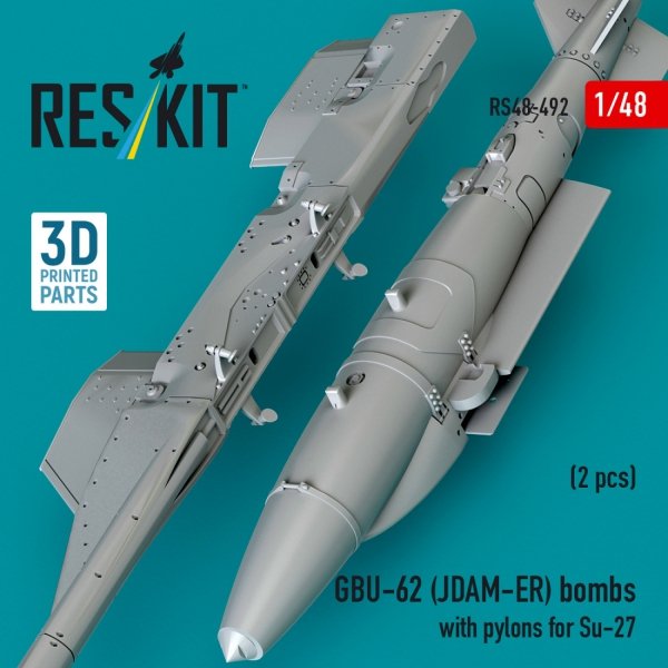 RESKIT RS48-0492 GBU-62 (JDAM-ER) bombs with pylons for Su-27 &quot;Flanker&quot; (2 pcs) (3D Printed) 1/48