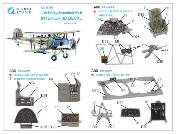 Quinta Studio QD48256 Swordfish Mk.II 3D-Printed &amp; coloured Interior on decal paper ( Tamiya ) 1/48