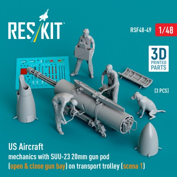 RESKIT RSF48-0049 US Aircraft mechanics with SUU-23 20mm gun pod  (open &amp; close gun bay) on transport trolley (scene 1) (3 pcs) (3D Printed) (1/48)