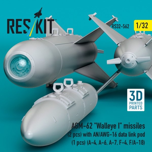 RESKIT RS32-0562 AGM-62 "Walleye I" missiles (2 pcs) with AN/AWG-16 data link pod (1 pcs) (A-4, A-6, A-7, F-4, F/A-18) (3D Printed) (1/32)