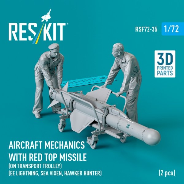 RESKIT RSF72-0035 Aircraft mechanics with Red Top missile (on transport trolley) (EE Lightning, Sea Vixen, Hawker Hunter) (2 pcs) (3D Printed) (1/72)