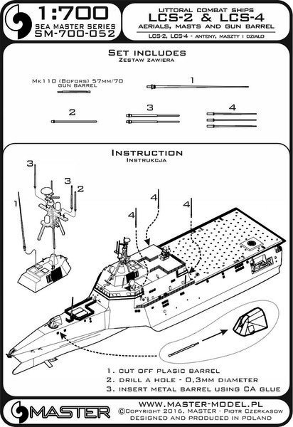 Master SM-700-052 Independence class of littoral combat ships (LCS-2, LCS-4) - aerials, masts &amp; Mk110 (Bofors) 57mm/70 gun barrel 1:700