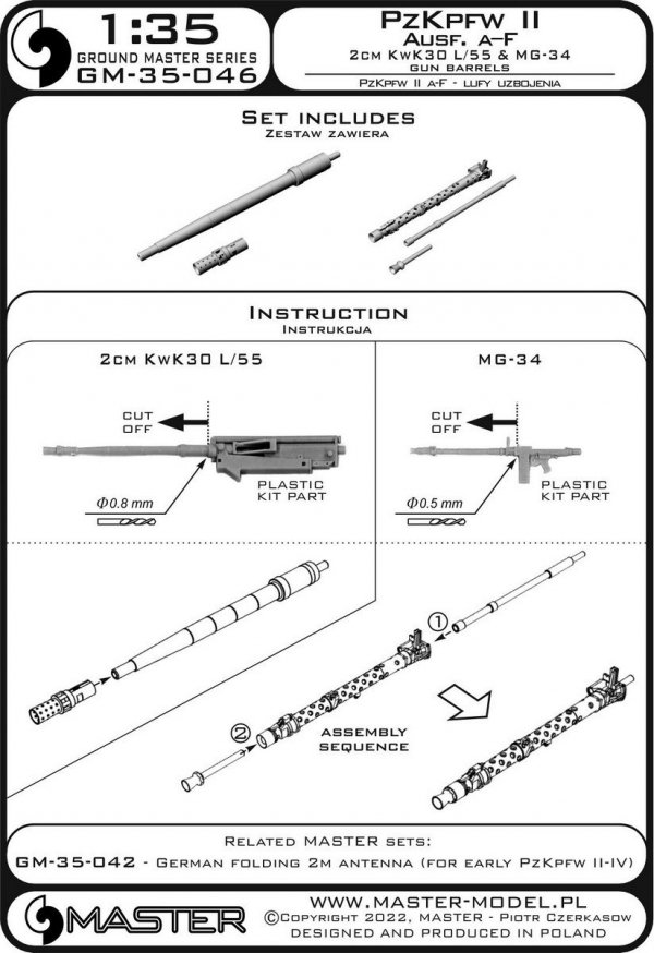 Master GM-35-046 PzKpfw II Ausf. a–F - 2cm KwK30 L/55 &amp; MG-34 gun barrels (for IBG, Dragon and other kits) 1/35