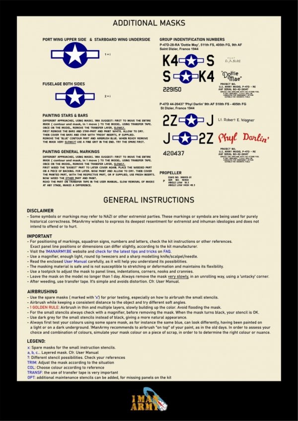 1 Man Army 32DET027 Republic P47-D Thunderbolt "Bubbletop" - basic markings and stencil masks 1/32
