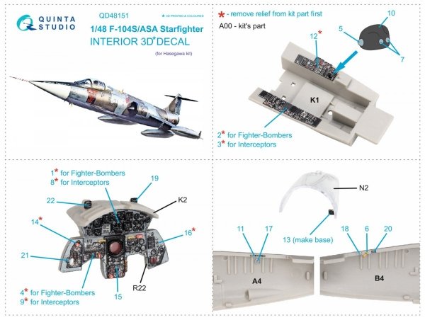 Quinta Studio QD48151 F-104S-ASA 3D-Printed &amp; coloured Interior on decal paper (Hasegawa) 1/48