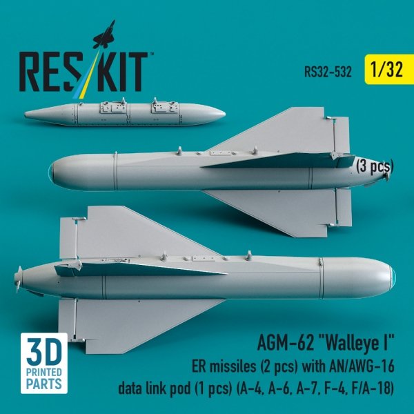 RESKIT RS32-0532 AGM-62 "Walleye I" ER missiles (2 pcs) with AN/AWG-16 data link pod (1 pcs) (A-4, A-6, A-7, F-4, F/A-18) (3D Printed) (1/32)