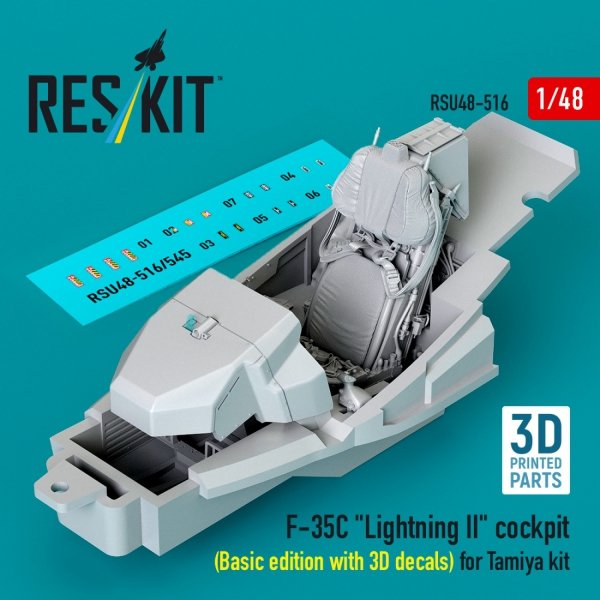 RESKIT RSU48-0516 F-35C "Lightning II" cockpit (Basic edition with 3D decals) for Tamiya kit (3D Printed) (1/48)