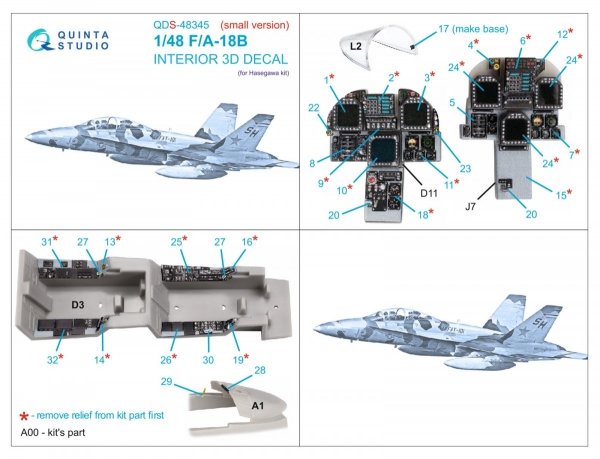 Quinta Studio QDS-48345 F/A-18B 3D-Printed &amp; coloured Interior on decal paper (Hasegawa) (Small version) 1/48